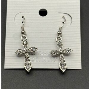 Rhinestone Cross Dangle Earrings Silver Tone Lead Compliant Religious Jewelry